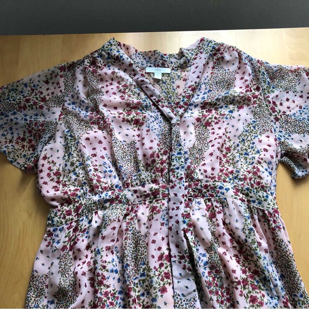 1901 Pink with multicolor floral Flutter Sleeve MIDI dress side zipper